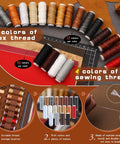 TLKKUE leather tooling kit with spools of 15-color wax thread, cutting mats and leatherworking tools (front view)