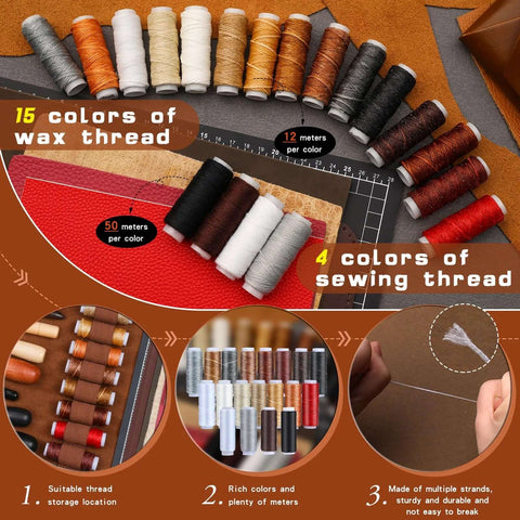 TLKKUE leather tooling kit with spools of 15-color wax thread, cutting mats and leatherworking tools (front view)