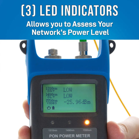 Power Meter For PON Fiber Networks, Measures 1310 1490 1550 nm Simultaneously, LED screen displaying measurements