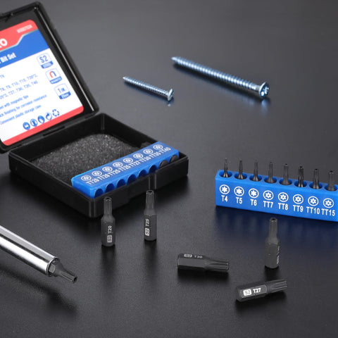 Security Torx Bit Set 16 Piece In S2 Steel with magnetic tips, CNC machined, in durable storage box, showing various sizes
