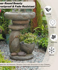 Freestanding solar rock waterfall with LED lights for garden, used as bird bath and planter. Durable design, visible in lush yard.