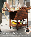 54 Quart Rolling Cooler Cart With Pine Wood Frame, Fold Down Trays, Drainage Plug, And 3 Layer Insulation in use on patio