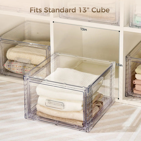 Real Slick Clear Stackable Closet Storage Drawers 4 Pack Medium Capacity 15 Quart Plastic Organizer Bins featuring smooth glide mechanism with folded towels.