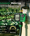 Oversized LCD Sprinkler Timer For Outdoor Hose Faucet displaying automatic watering settings in a garden setup