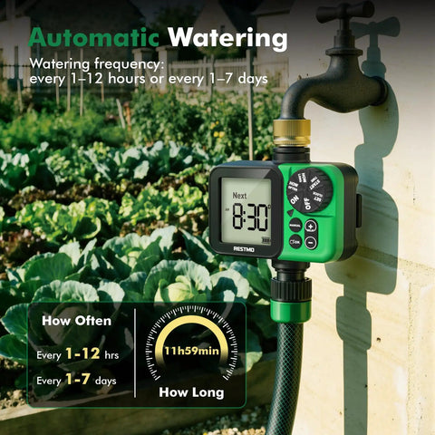 Oversized LCD Sprinkler Timer For Outdoor Hose Faucet displaying automatic watering settings in a garden setup
