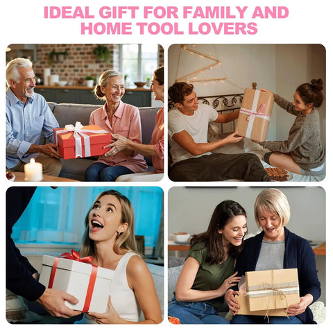 Families exchanging gift-wrapped All In One 412 Piece Home And Auto Tool Set With Drawer Organizer And Case For Women And Men