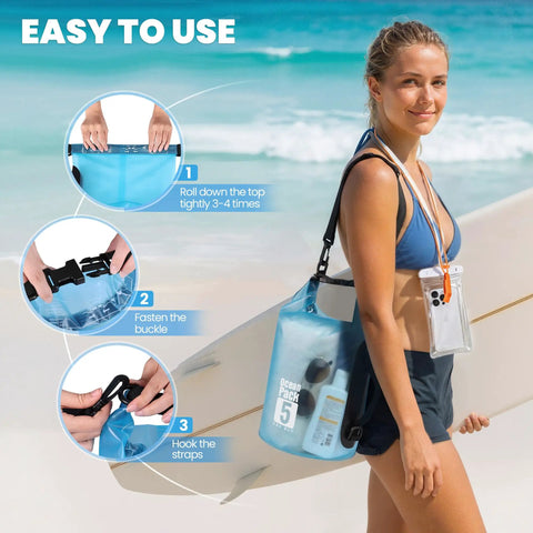 Woman using 5L Waterproof Dry Bag for Kayaking and Beach Adventures Stay Dry on Any Splash with Lightweight Roll Top Dry Sack.