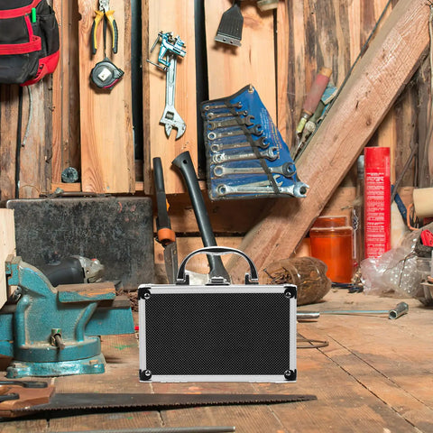 Heavy Duty Aluminum Tool Case With Dead Secure Latch And Comfy Grip Handle For Organizing Multi Purpose Large Capacity Work Gear Tablets Screws And Electronic Devices Portable Storage Box in a workshop with tools.