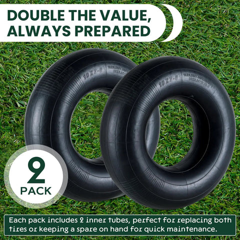 Two Pack Heavy Duty Inner Tubes For 18x6.50-8 Through 20x10-8 With TR13 Straight Valve Stem Universal Fit Tire Tubes For Lawn Mowers Go Carts ATVs And Small Equipment Thick Rubber For A Smooth Durable Ride on grass background.