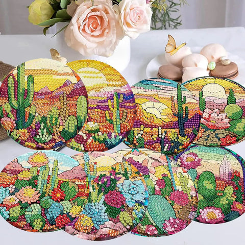 Colorful Cacti Diamond Painting Coaster Set With Holder 8 Piece DIY Art Coasters For Beginners And Grownups 4x4 Inches