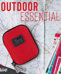 Thrive mini first aid kit pouch, red fabric with black label, front view on map
