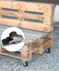 Ultra Low Profile One Inch Swivel Caster Wheels With Dead Quiet TPR Rubber shown on a wooden pallet bench.