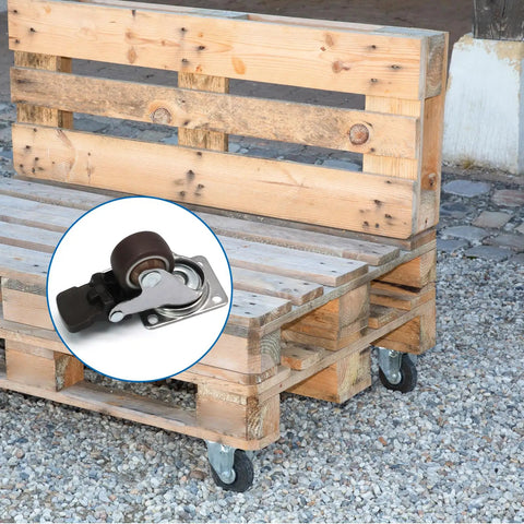 Ultra Low Profile One Inch Swivel Caster Wheels With Dead Quiet TPR Rubber shown on a wooden pallet bench.