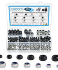 250 Piece Metric Nylon Lock Nut Assortment Kit M3 M4 M5 M6 M8 M10 with black and stainless steel hex nuts for DIY repairs.