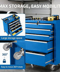 Badass Heavy Duty Five Drawer Rolling Tool Chest With Top Shelf Lock And Ridiculously Smooth Wheels For Hella Secure Garage Storage And Pro Shop Organization Built Tough In Blue featuring large storage and 360-degree wheels.