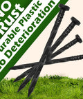 Landscape Edging Anchoring Spikes 6 Inch 30 Pack For Weed Barrier Lawn and Artificial Turf, plastic stakes shown on grass.