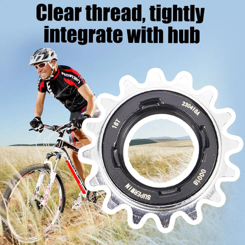 16T Single Speed Freewheel For One Half Inch By One Eighth Inch Chains, Lightweight Iron Gear with cyclist on bike
