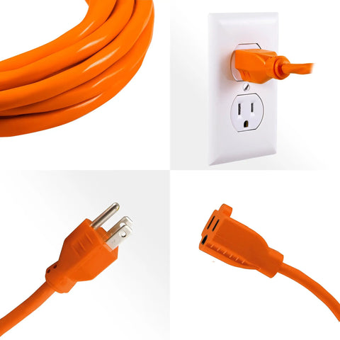 Rugged Outdoor Extension Cord 100 Ft, 16 AWG 125V, UL Listed 3-Prong Power Cable plugged into outlet, orange cord and prongs visible.