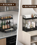 Coffee Bar Station Organizer With Built In Drawer And Two Tier Countertop Shelf For Tea Bags Coffee Accessories And Syrup Bottles Black Finish shown in kitchen and bathroom settings