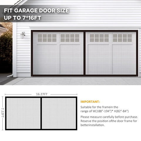 Magnetic Garage Door Screen For 16x7 Double Car Doors Hands Free Walk Through Mesh Curtain with Gravity Sticks shown installed