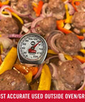 Pocket Size Instant Read Thermometer For Meat And Food, Red, measuring temperature in a dish with vegetables and meatballs