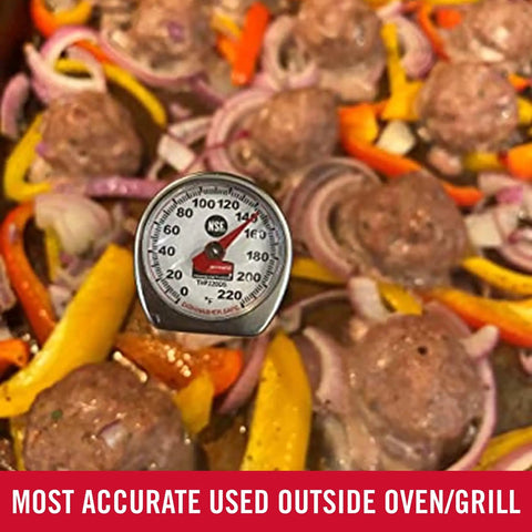 Pocket Size Instant Read Thermometer For Meat And Food, Red, measuring temperature in a dish with vegetables and meatballs