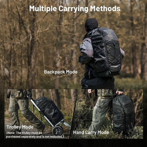 Multiple carrying methods of Pro Telephoto Lens Backpack For DSLR And Mirrorless Gear With 600 To 1200mm Support shown outdoors.