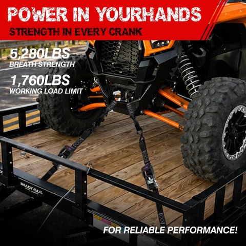 Heavy Duty Ratchet Tie Down Straps Built Like A Badass Workhorse With Rust Resistant Zinc Ratchets securing an ATV with 5,280 lbs strength.