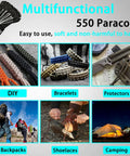 Reflective Paracord Rope 100Ft 550 Cord, 7 Strand Nylon Utility Lanyard Para Cord For Camping Hiking with various uses like bracelets and shoelaces.