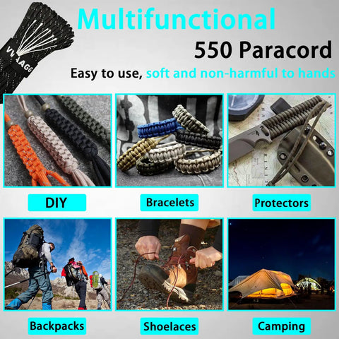 Reflective Paracord Rope 100Ft 550 Cord, 7 Strand Nylon Utility Lanyard Para Cord For Camping Hiking with various uses like bracelets and shoelaces.