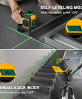 3 X 360 Degree Laser Level With Tripod Do It All Rechargeable 82 Ft Cross Line Green Laser Self Leveling For Construction Tile And Home Renovation Magnetic Base Iron Plate Carry Bag shown in use on stairs and tiles with self-leveling mode.
