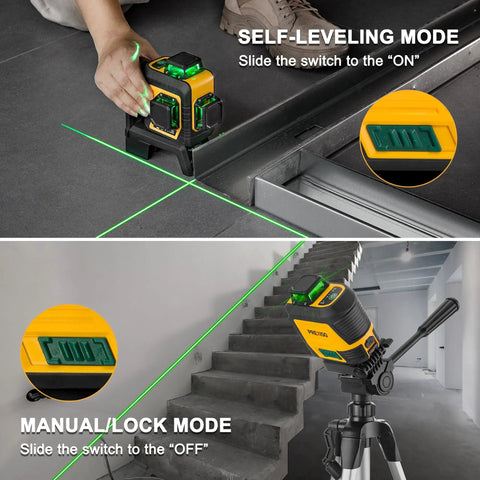 3 X 360 Degree Laser Level With Tripod Do It All Rechargeable 82 Ft Cross Line Green Laser Self Leveling For Construction Tile And Home Renovation Magnetic Base Iron Plate Carry Bag shown in use on stairs and tiles with self-leveling mode.