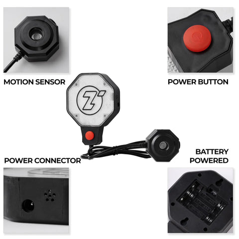 Ultrasonic Garage Parking Sensor With LED Indicators Red Yellow Green showing motion sensor, power button, connector, and battery.