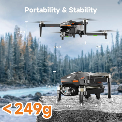 Drones With 4K Camera For Adults FPV Beginner Drone in open and folded views showing portability under 249g in forest setting