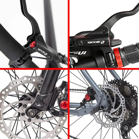 Close-up of Hydraulic E Bike Brake Upgrade Kit with Waterproof Power Off Sensor, levers, calipers, and 160mm rotors