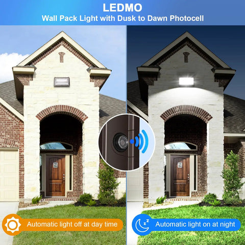 150W Dusk To Dawn Outdoor Wall Pack Light With Photocell 5000K Waterproof Flood Fixture 21000 Lumens 100 277V Energy Saving LED Light For Building Yard Warehouse Garage installed on house exterior, showing day and night functionality.