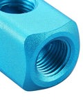 Close-up of blue Aluminum Air Manifold Block 4 Way 7 Port 1/4 Inch PT Threaded For Pneumatic Systems showing port detail