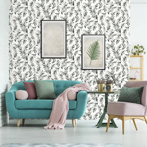 Living room with Olive Leaf Peel And Stick Wallpaper Self Adhesive Vinyl Roll Seventeen Point Seven By Five Hundred Ninety Point Five Inches Sage Green Modern Farmhouse Decor Neutral Removable Contact Paper For Walls And Surfaces behind a turquoise sofa.