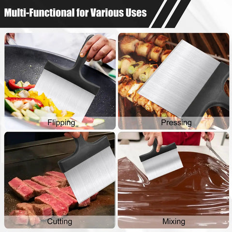 Heavy Duty Grill And Griddle Scraper With Wide Blade And Comfortable Handle For Blackstone Flat Top Grills, Stainless Steel Outdoor Barbecue Cleaner in use for flipping, pressing, cutting, and mixing.