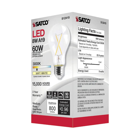 Packaging of 8W LED A19 Clear Filament Style Light Bulb 3000K Soft White, showing medium base and energy-saving features.