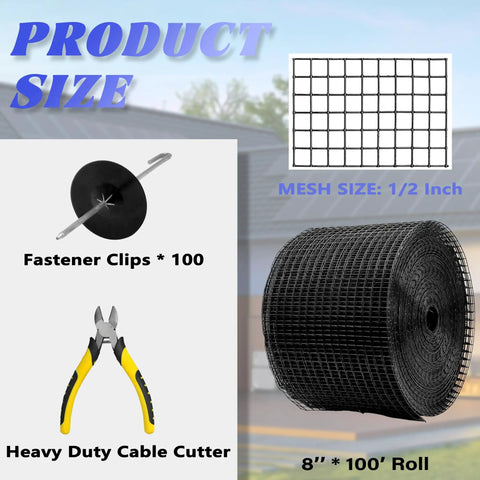 Heavy Duty Solar Panel Bird Guard And Critter Barrier With 100 Fastener Clips And One Hundred Foot Pvc Coated Galvanized Wire Mesh shown with clips and cable cutter.