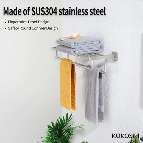20 Inch Towel Rail And Shelf With Double Towel Bars For Bathroom Wall Mounted Towel Rack In SUS 304 Stainless Steel