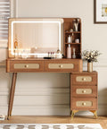Walnut Vanity Desk With Mirror And Lights, Vintage Mid Century Modern Makeup Vanity Table With Five Drawers And Three Open Shelves, Rattan Decor And Metal Handles