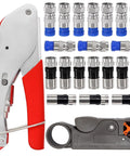 Coax Cable Crimper Tool Kit With 20 F Style RG59 RG6 Compression Connectors, Coaxial Cable Stripper, and pliers visible