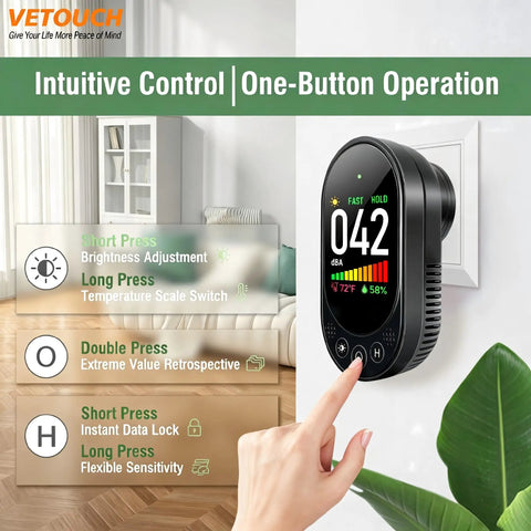 Plug In 3 In 1 Decibel Meter With Temperature And Humidity Reader mounted on wall, black compact digital sound meter with touch buttons.