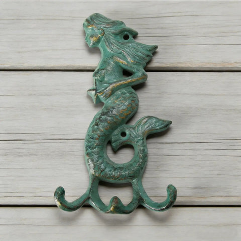 Premium Cast Iron Mermaid Wall Hook With Solid Metal Finish Totally Awesome Vintage Nautical Coat And Towel Hanger on wood background