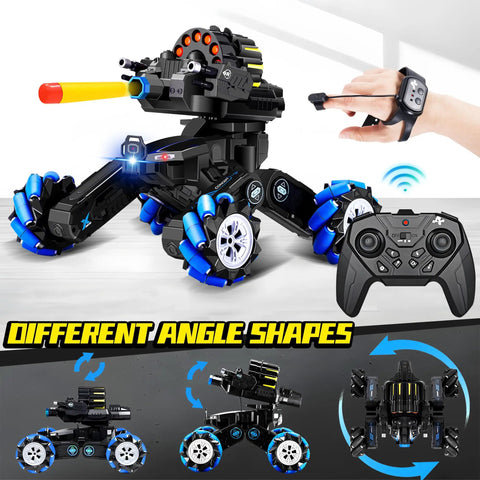 Gesture Sensing RC Tank That Shoots with controller and gesture watch, 4WD wheels, LED lights, for kids ages 8 to 12.