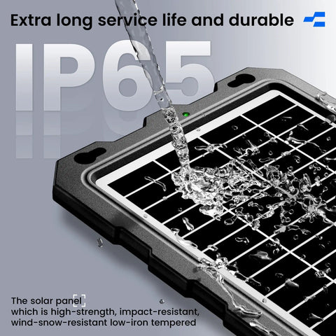 9W Solar Battery Trickle Charger And Maintainer Kit showing waterproof solar panel with water protection feature