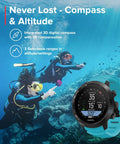 Ultimate Dive Computer With Color Screen And Interchangeable Straps, 100M Water Resistant, visible on scuba divers underwater.