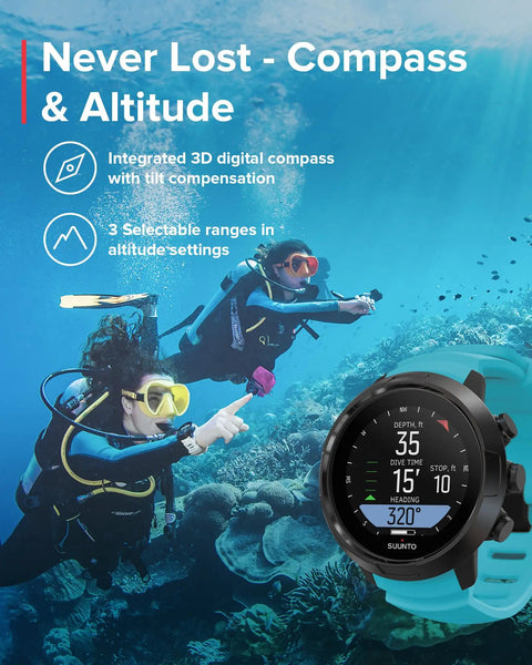 Ultimate Dive Computer With Color Screen And Interchangeable Straps, 100M Water Resistant, visible on scuba divers underwater.